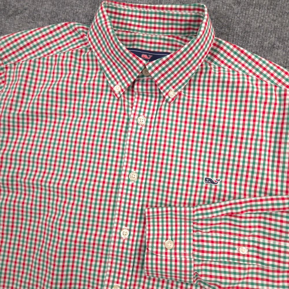 Vineyard Vines Shirt Mens M Burgundy Green Gingham Slim Fit Whale Long Sleeve